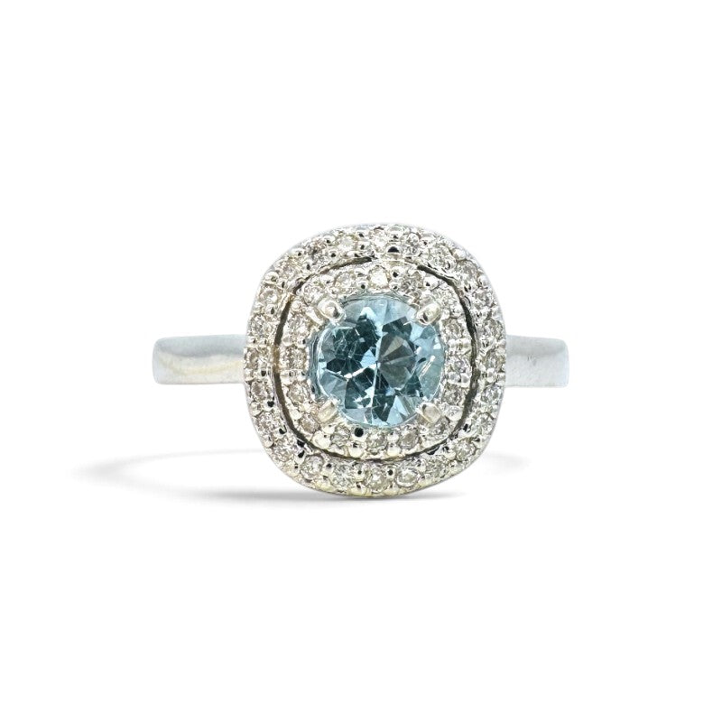 Anillo solitario Sophia Schneider Joyas en oro blanco 18K con aguamarina redonda y doble halo de diamantes brillantes