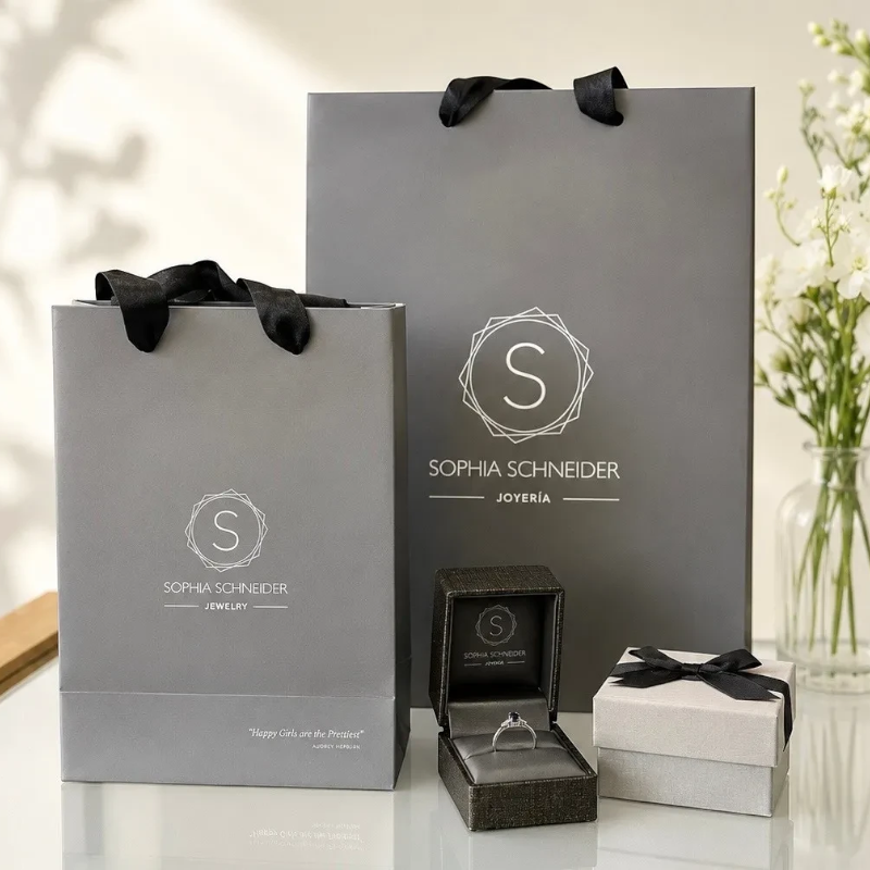 Anillo solitario de diamante corte esmeralda Sophia Schneider Joyas en estuche junto a bolsas de regalo grises