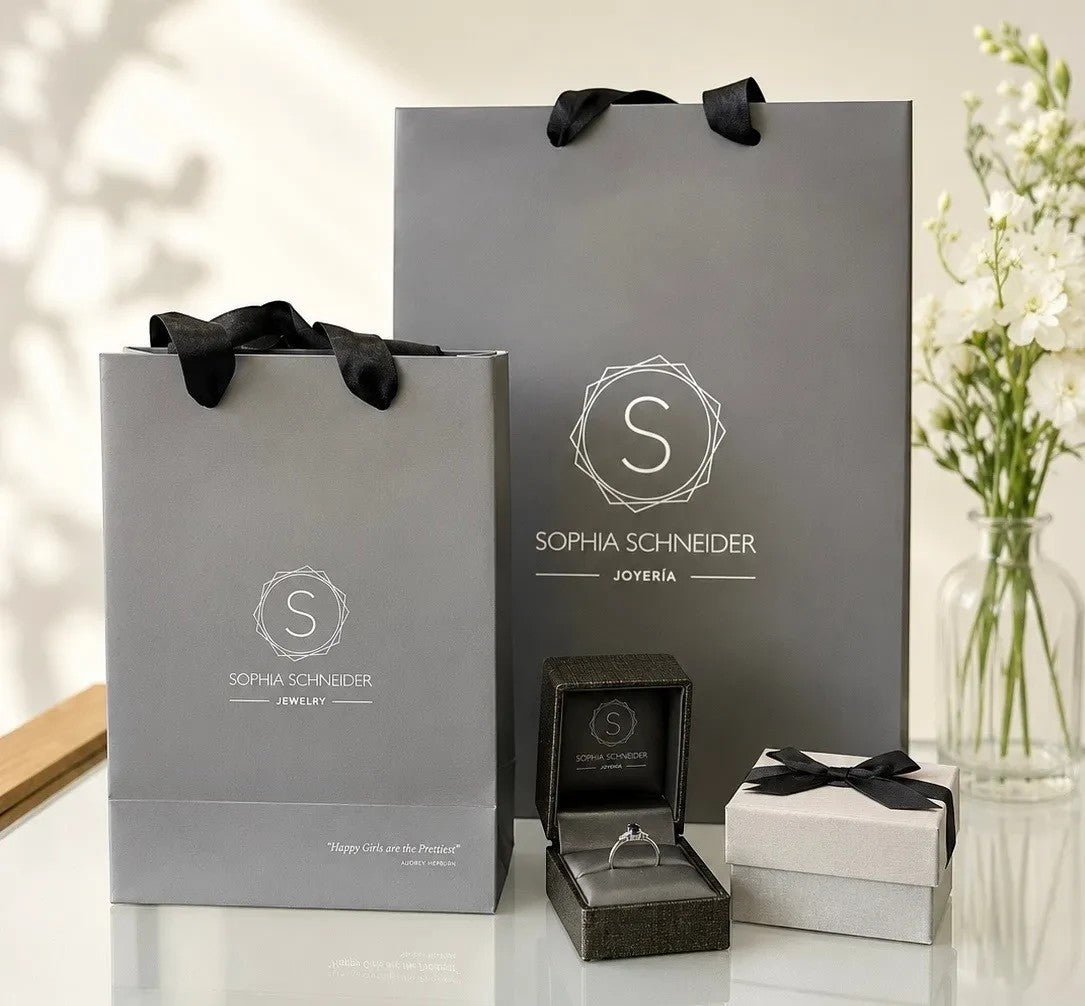 Anillo solitario de Sophia Schneider Joyas con diamante corte esmeralda en estuche sobre mesa con bolsas de regalo