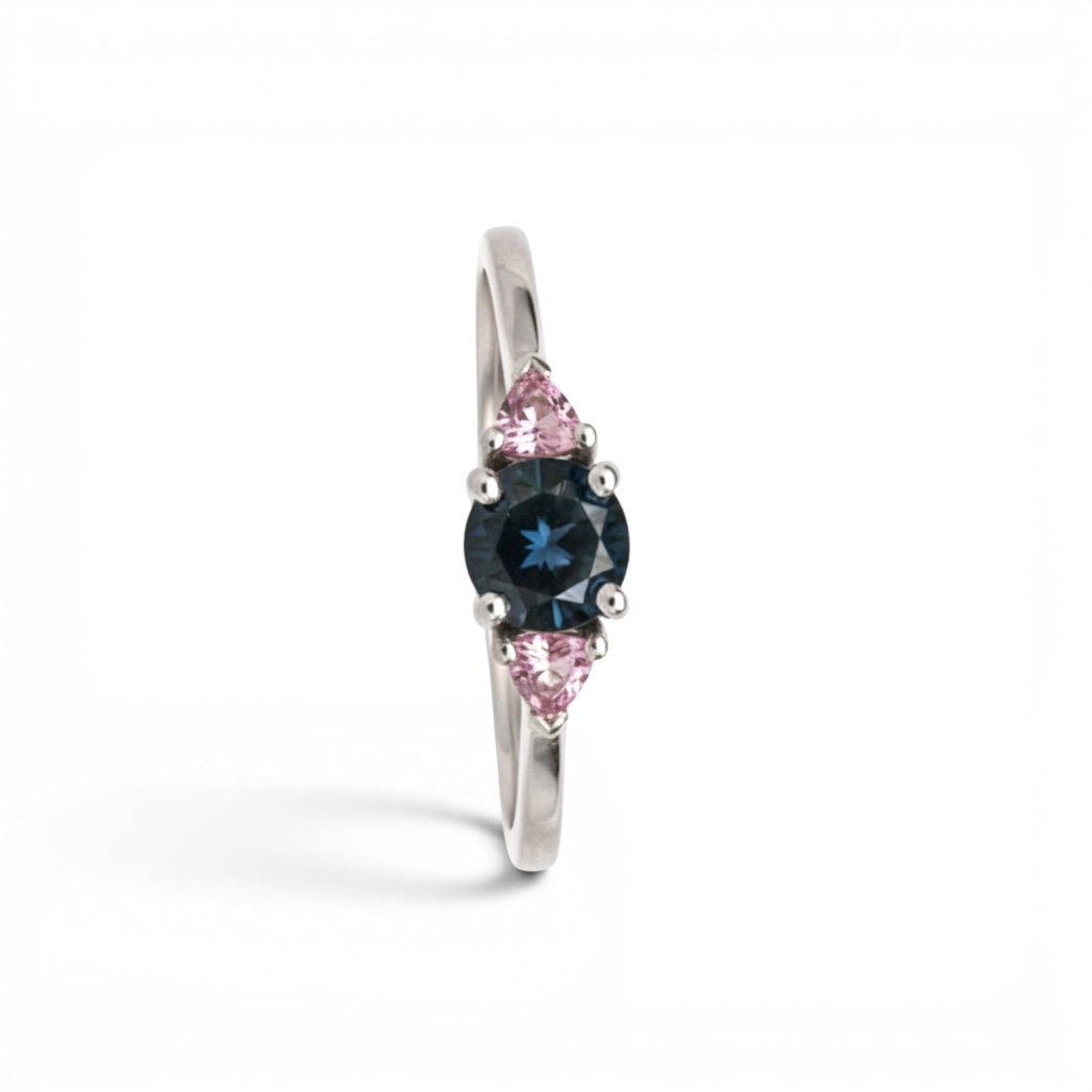 Anillo de platino Sophia Schneider Joyas con diamante negro central y zafiros rosados laterales. Diseño de tres gemas.