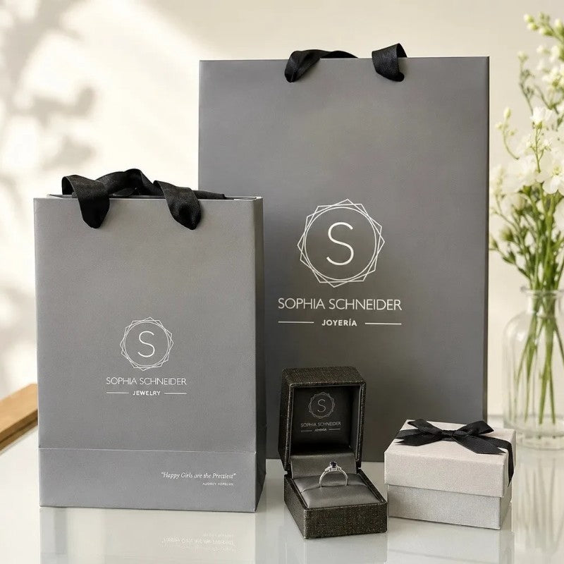 Anillo solitario con diamante ovalado de Sophia Schneider Joyas en estuche junto a bolsas de regalo grises