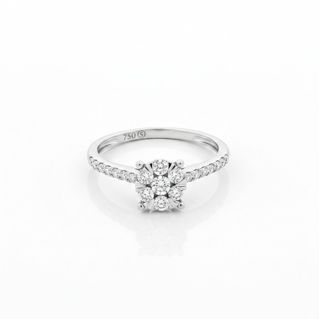 Anillo Sophia Schneider Joyas de oro blanco con diseño floral de diamantes brillantes en la banda y centro