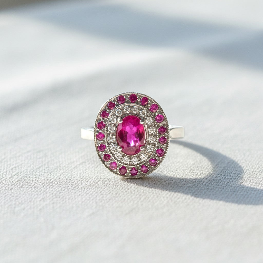 Anillo de platino con rubí oval central, halo doble de brillantes y rubíes, de Sophia Schneider Joyas.