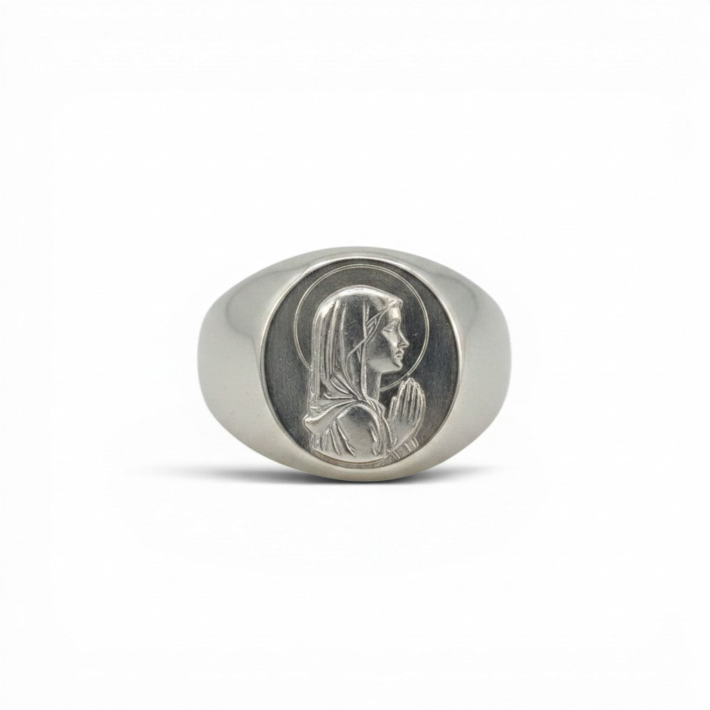 Anillo sello de plata 925 Sophia Schneider Joyas con relieve de la Virgen María orando, ideal para regalo religioso.