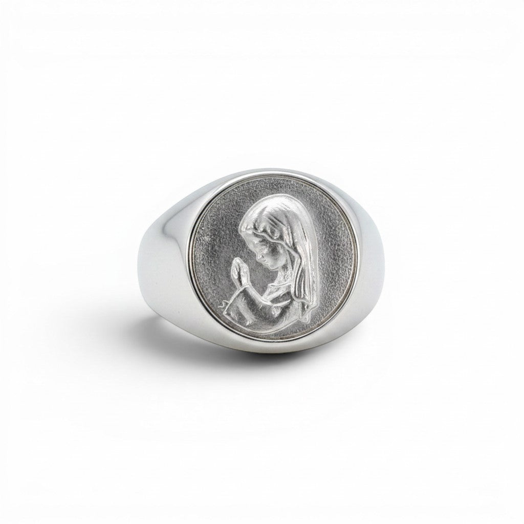 Anillo sello de plata 925 Sophia Schneider Joyas con relieve de la Virgen en perfil, ideal para comuniones.