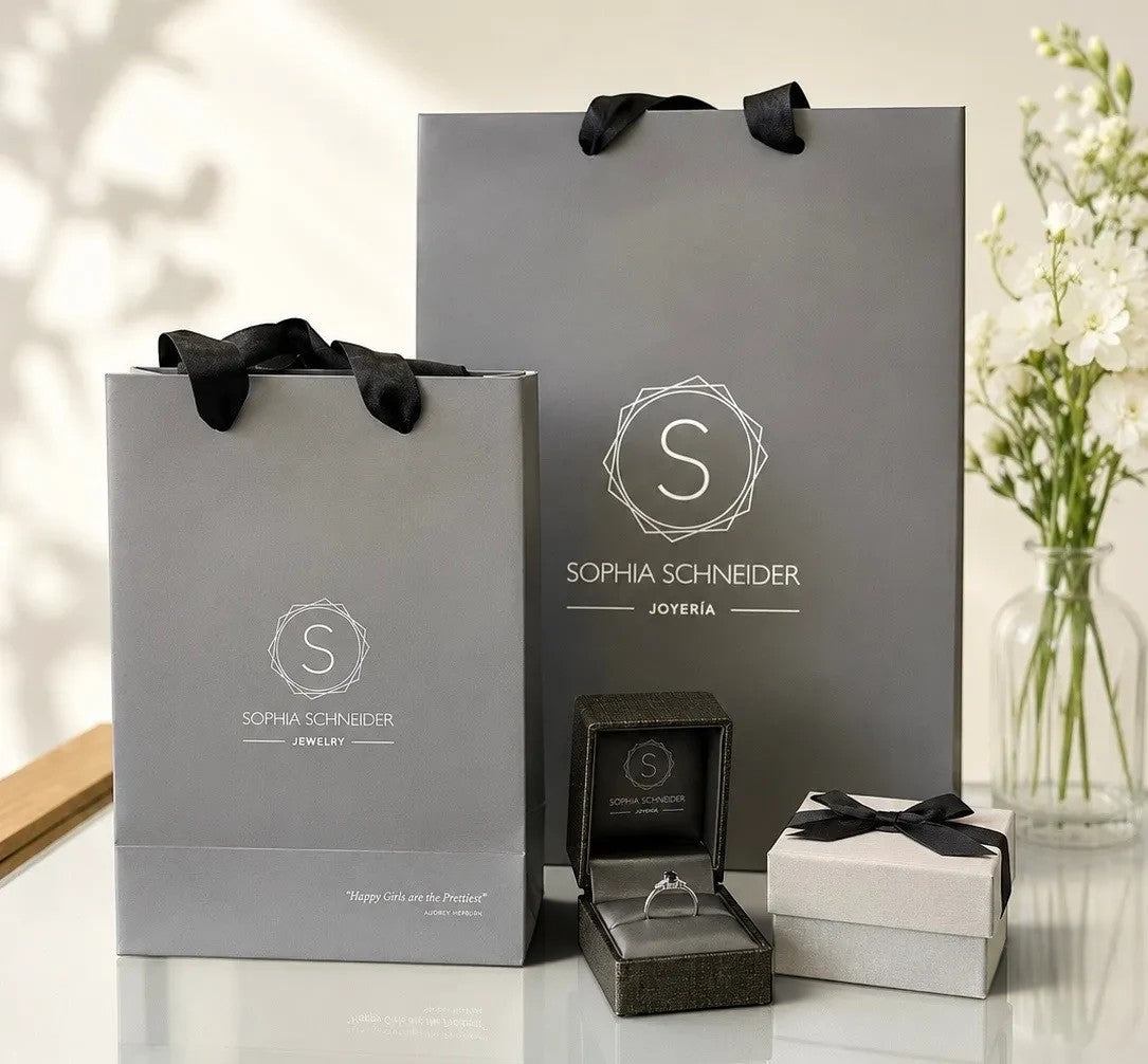Anillo solitario Sophia Schneider Joyas en estuche junto a bolsas de regalo grises y flores en un entorno elegante