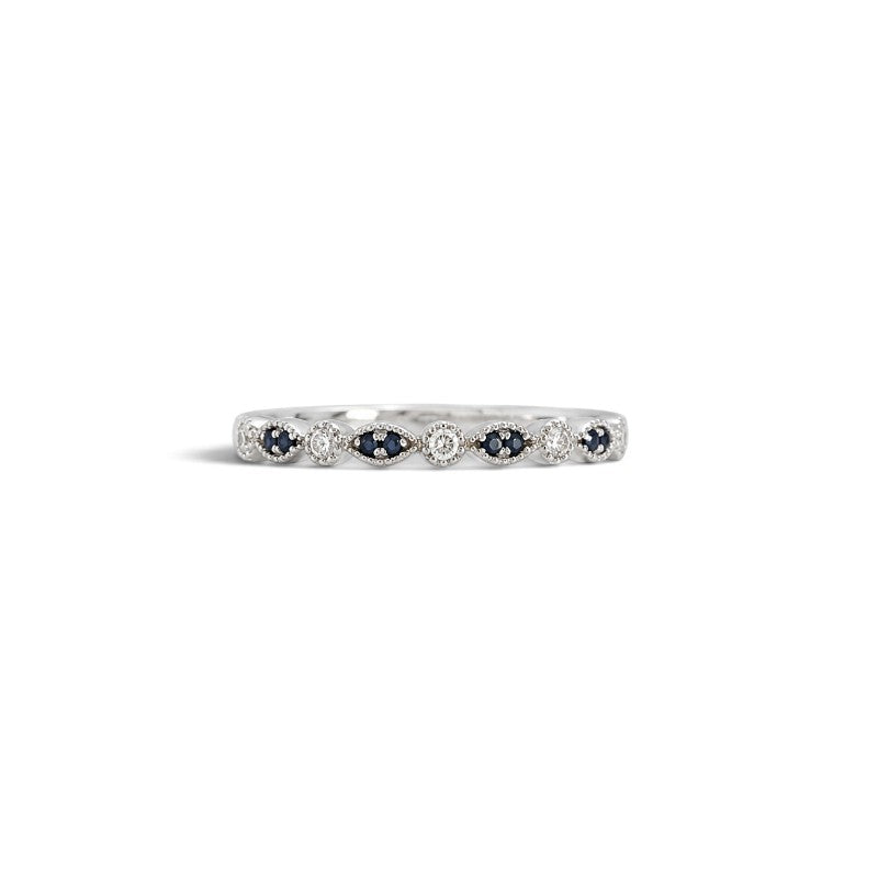 Anillo cintillo Sophia Schneider Joyas de oro blanco 10K con zafiros redondos y diamantes corte brillante