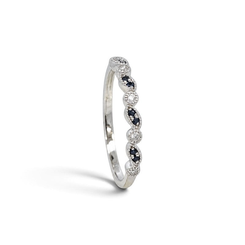 Anillo cintillo Sophia Schneider Joyas de oro blanco 10K con zafiros y diamantes en diseño de ojitos