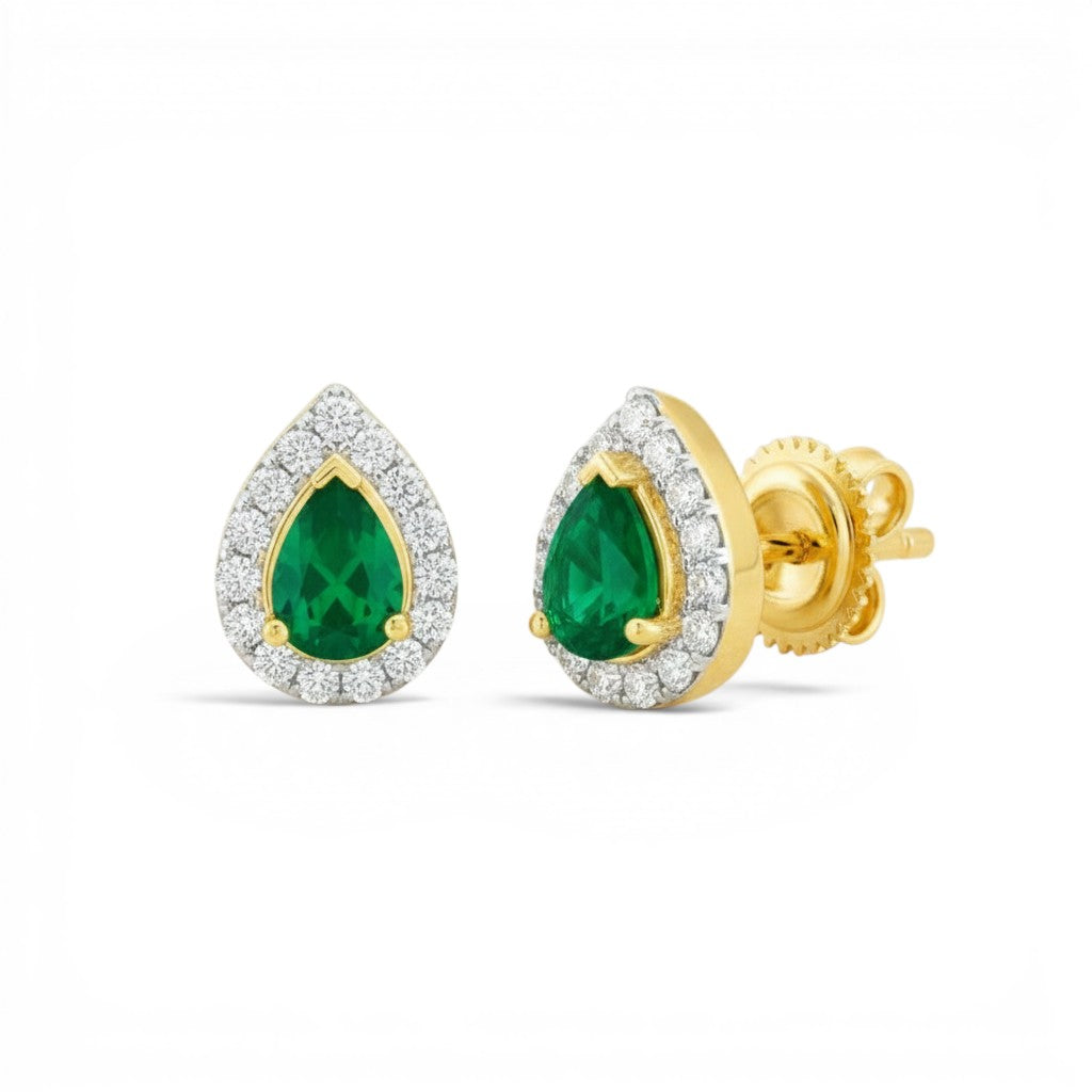 Aros stud Sophia Schneider Joyas de oro 14K con esmeralda en corte pera y halo de brillantes