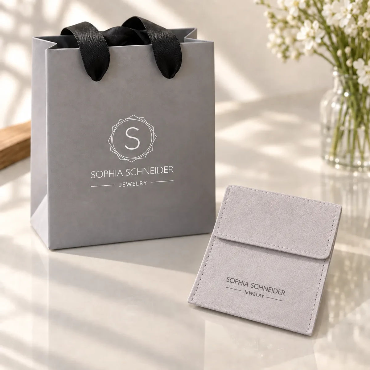 Bolsa de regalo y estuche de joyería gris de Sophia Schneider Joyas sobre una mesa blanca con flores