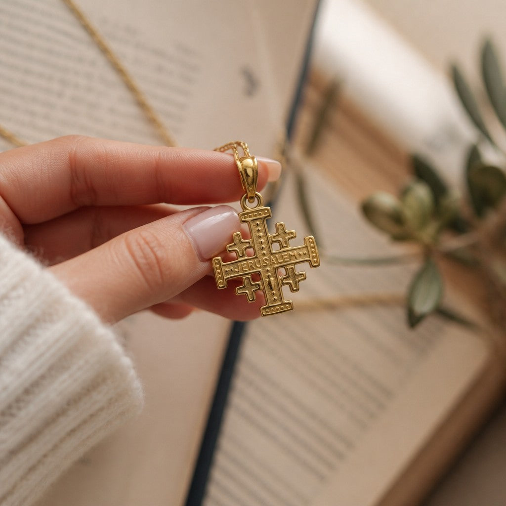 Colgante de Cruz de Jerusalén en oro de 14K sostenido por una mano, de la colección Sophia Schneider Joyas.