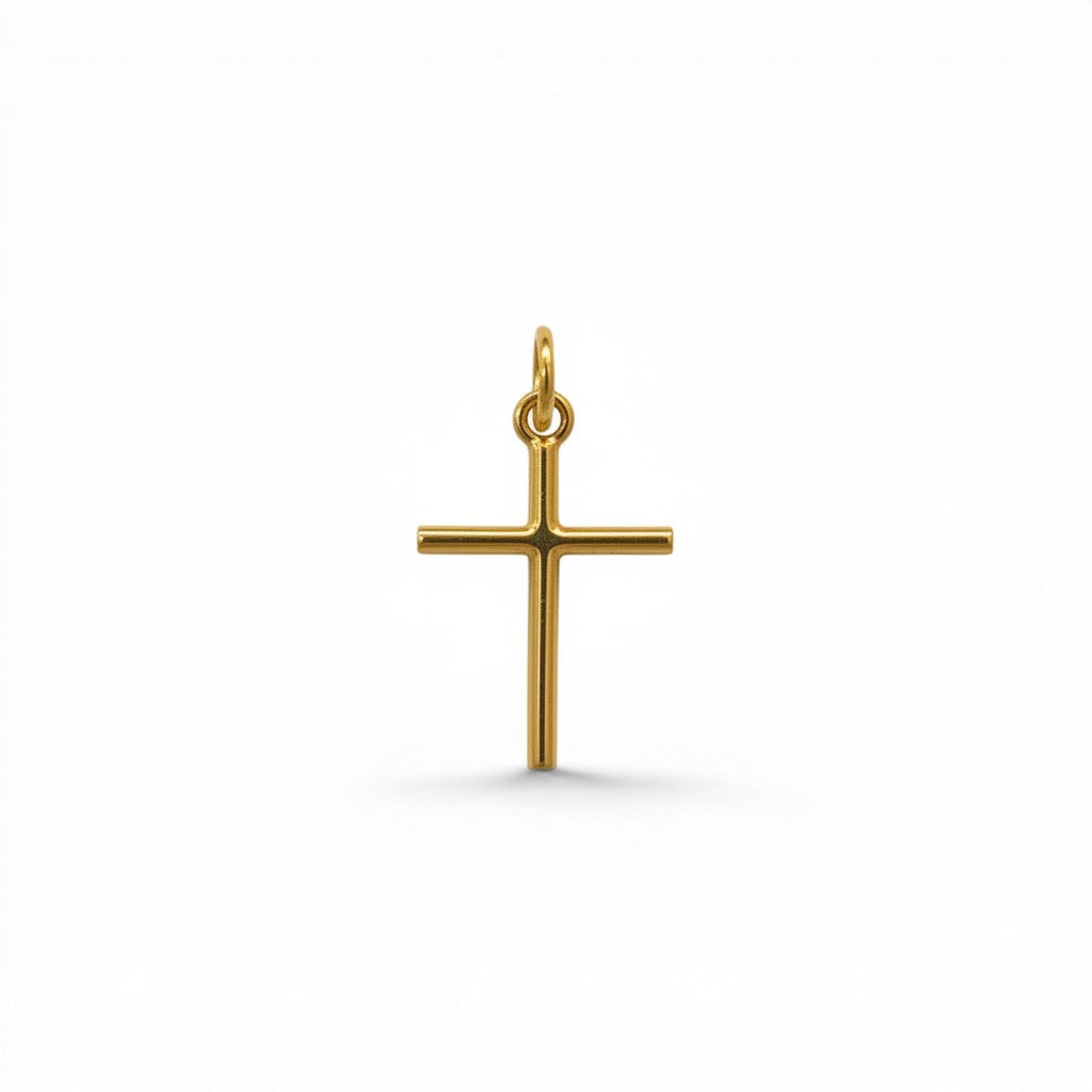 Colgante de cruz minimalista en oro de 18K de Sophia Schneider Joyas, diseño clásico de 11x16 mm