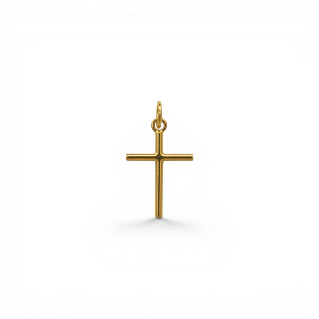 Colgante de cruz minimalista en oro de 18K de Sophia Schneider Joyas, diseño clásico de 11x16 mm