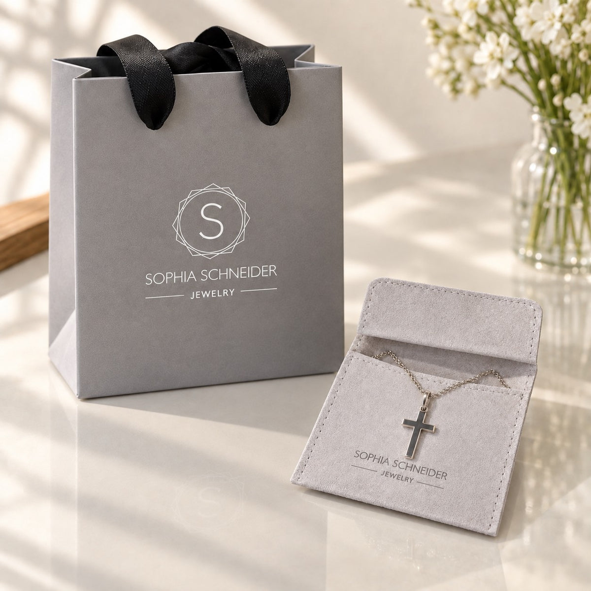 Colgante de cruz en plata 925 de Sophia Schneider Joyas presentado en una bolsa y estuche de regalo gris elegante
