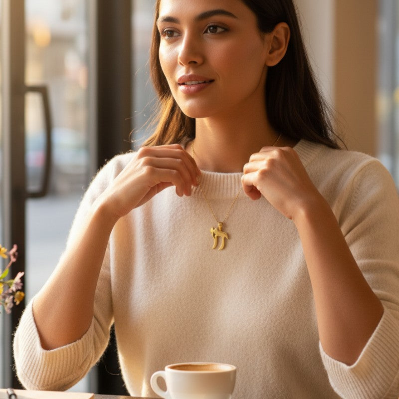 Sophia Schneider Joyas colgante de oro amarillo 18k con símbolo Jai de 2 cm, hecho a mano.