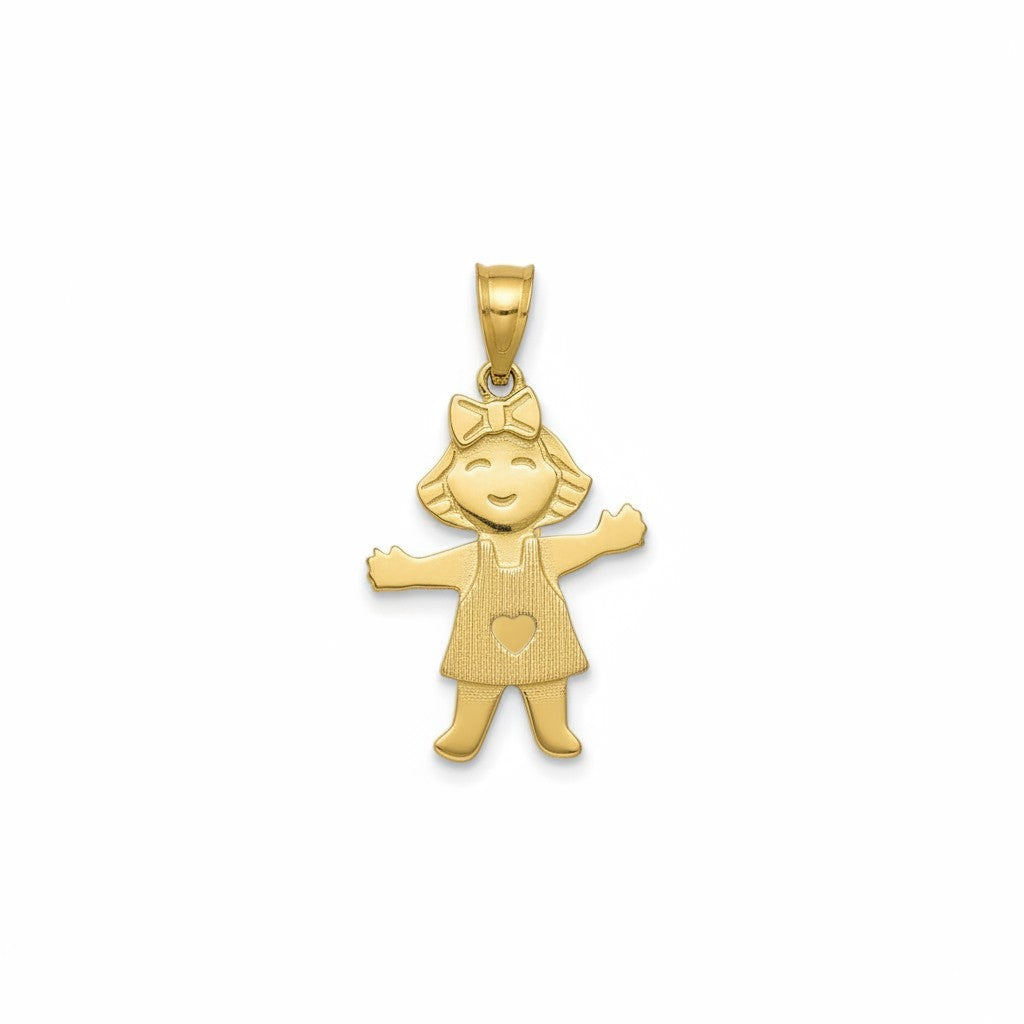 Colgante de oro amarillo 18K de niña con lazo y corazón recortado, personalizable por Sophia Schneider Joyas.