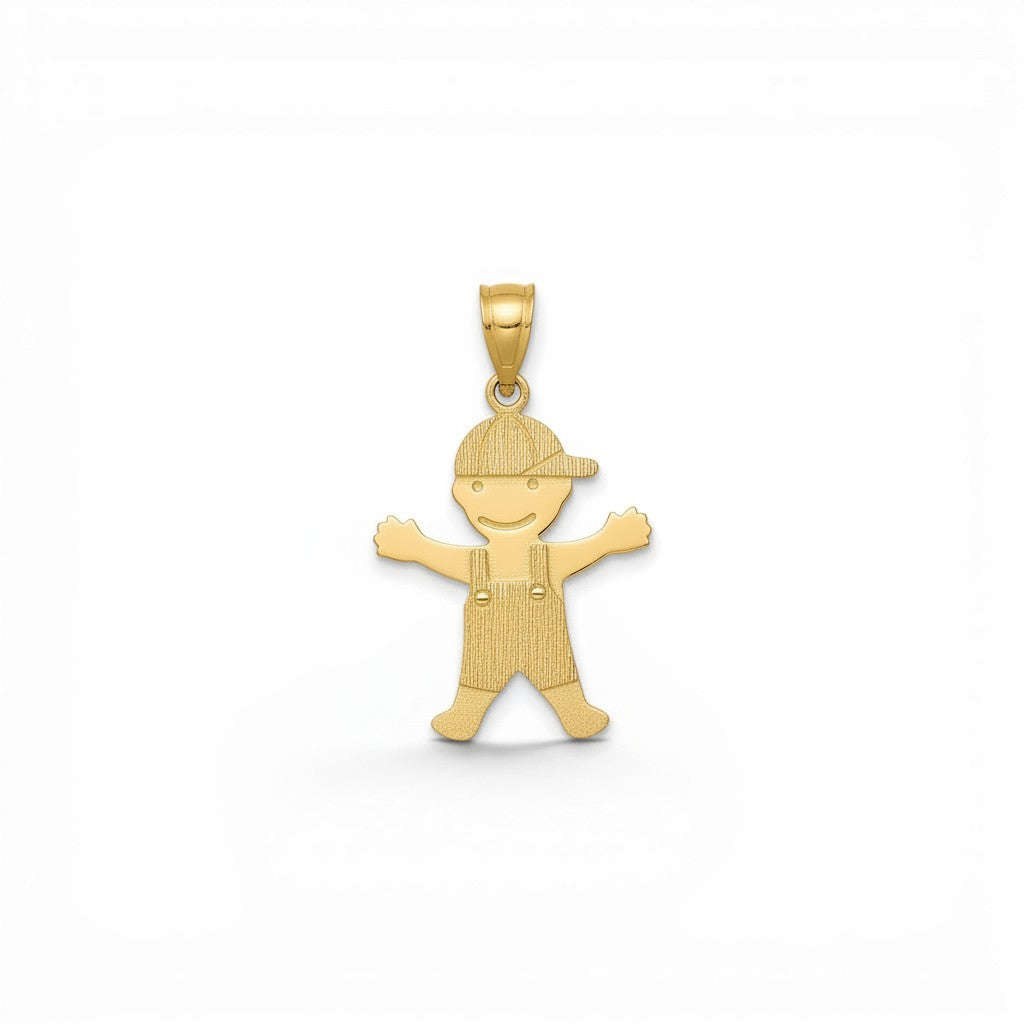 Colgante de oro amarillo 18K con forma de niño con gorra y peto, personalizable. Sophia Schneider Joyas.