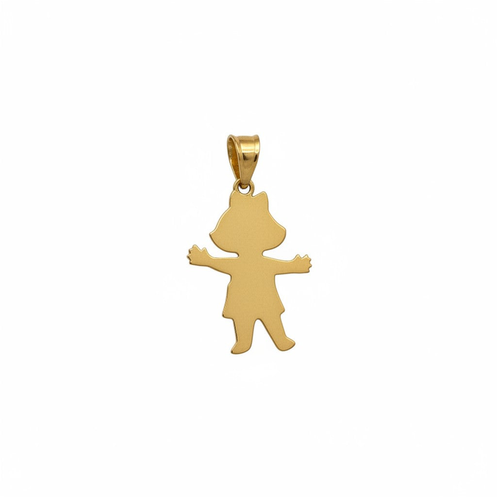 Colgante de oro amarillo 18K de niña personalizable de Sophia Schneider Joyas. Diseño de figura infantil con brazos extendidos.