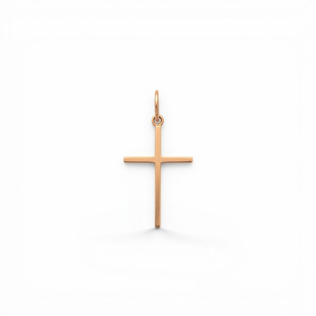 Colgante cruz de oro rosado 18K de Sophia Schneider Joyas, 15x23 mm, diseño minimalista.