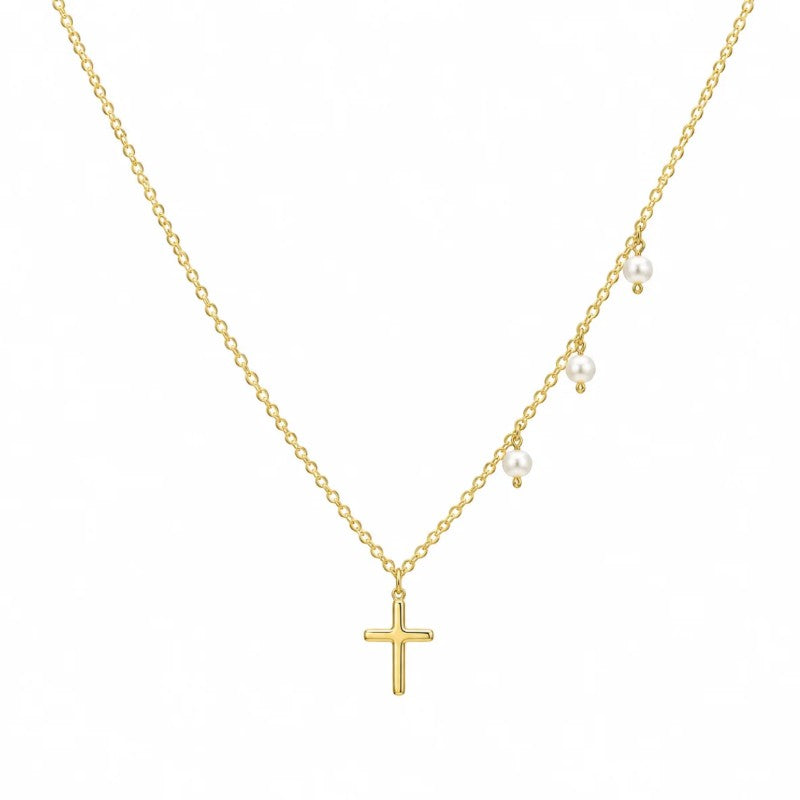 Collar Sophia Schneider Joyas de plata 925 bañada en oro con dije de cruz y tres perlas naturales colgantes
