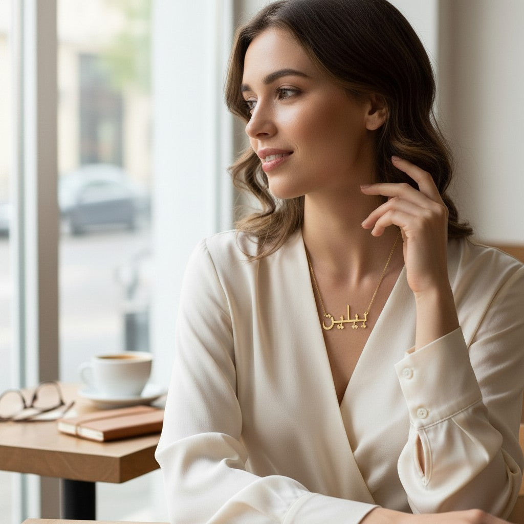 Collar de oro amarillo de 18k con nombre personalizado en árabe de Sophia Schneider Joyas.