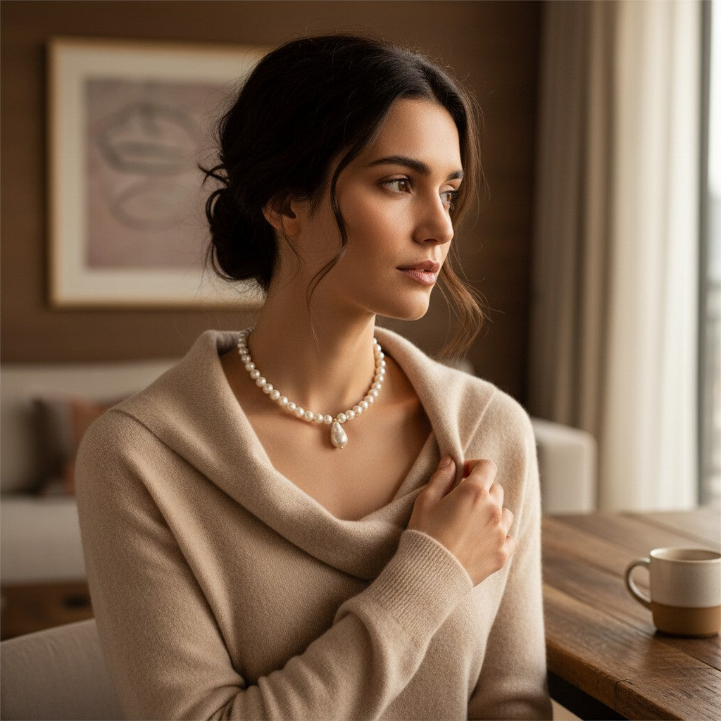 Mujer luciendo collar Sophia Schneider Joyas de perlas naturales de 9 mm con colgante de perla barroca de 2 cm