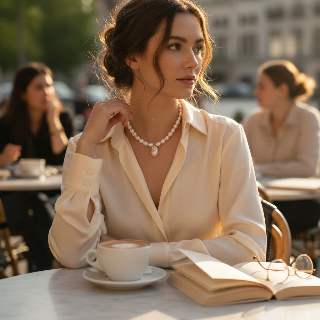 Mujer con collar de perlas naturales barrocas de Sophia Schneider Joyas, diseño elegante de 43 cm en entorno urbano.