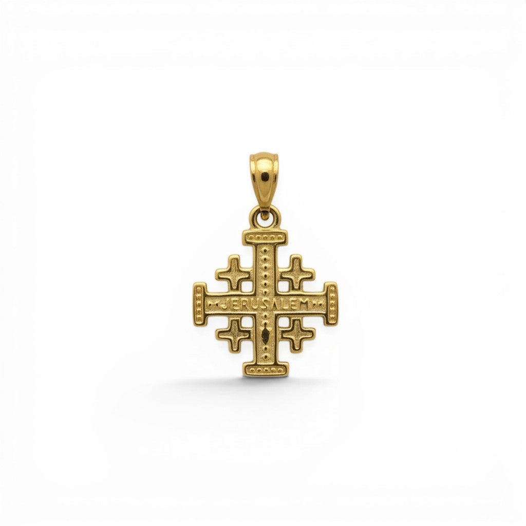 Colgante Cruz de Jerusalén de oro 18K de Sophia Schneider Joyas, 15x15 mm, con inscripción.