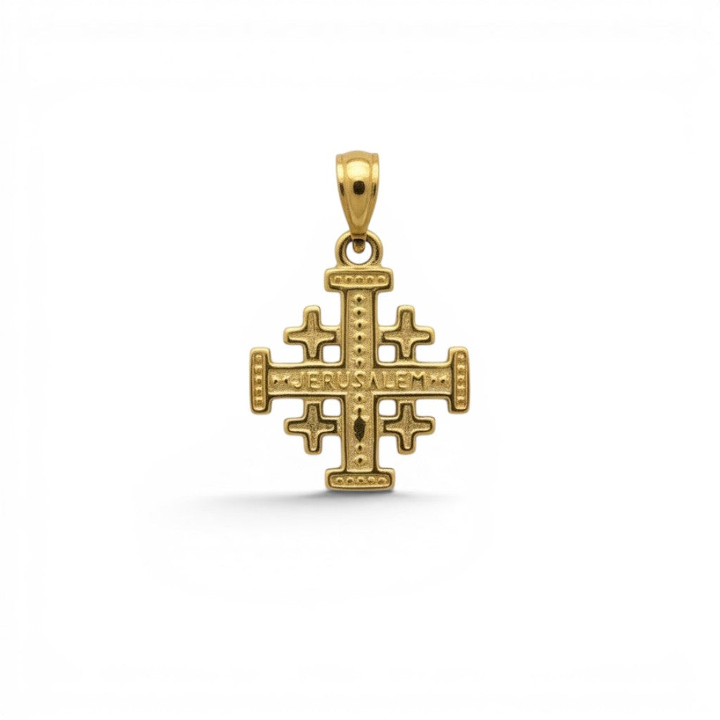 Colgante Cruz de Jerusalén de oro 18K de Sophia Schneider Joyas, 15x15 mm, con inscripción.