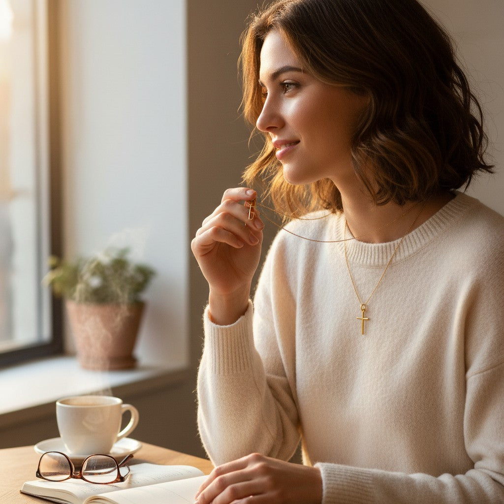 Mujer con suéter beige usando un colgante de cruz de oro 18K de Sophia Schneider Joyas junto a una ventana