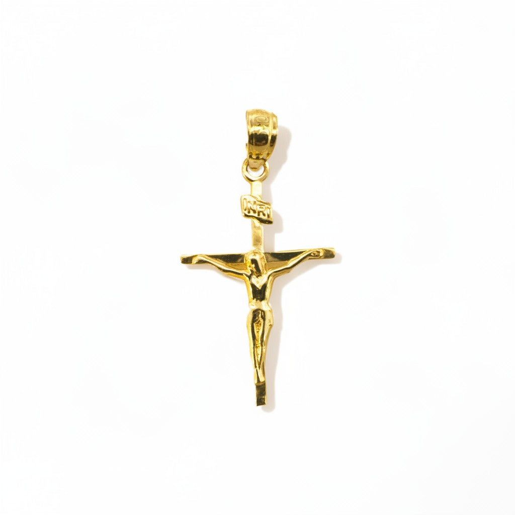 Colgante de cruz con figura de Cristo en oro amarillo 10K de Sophia Schneider Joyas, diseño clásico y elegante.