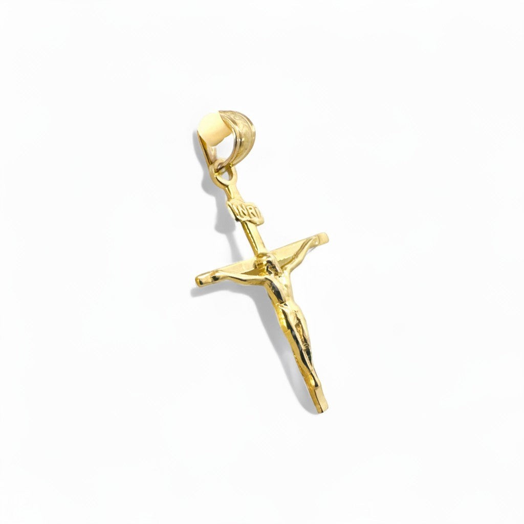 Colgante de cruz con figura de Cristo en oro amarillo 10K de Sophia Schneider Joyas, diseño clásico y elegante.