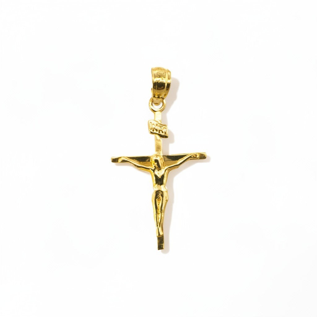 Colgante de cruz con figura de Cristo en oro amarillo 10K de Sophia Schneider Joyas, diseño clásico y elegante.
