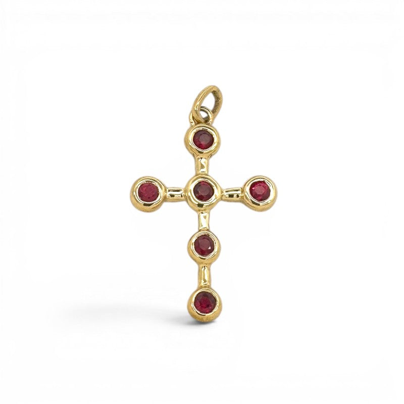 Colgante de cruz Sophia Schneider Joyas en oro de 18K con cinco rubíes engastados en bisel