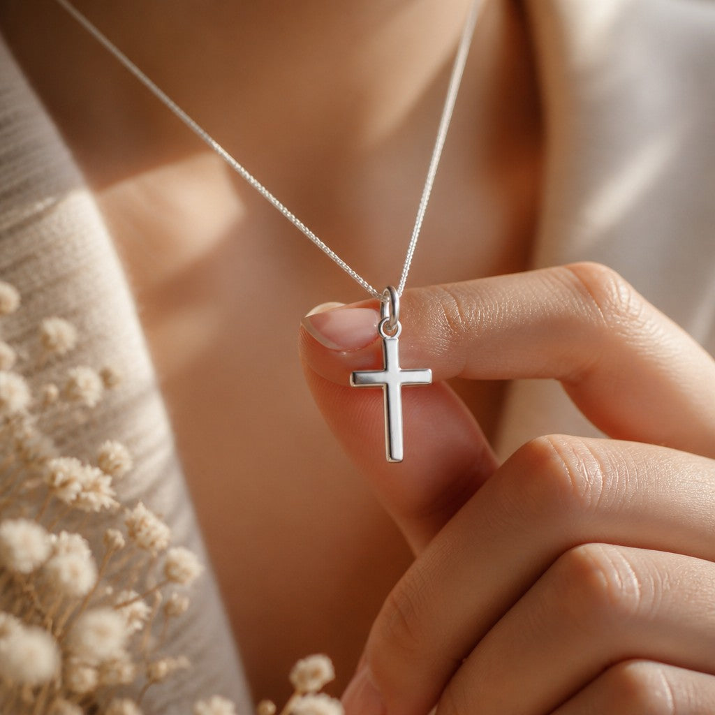 Cruz de Sophia Schneider Joyas en plata 925 de 9x15 mm sostenida por una mano con delicadeza