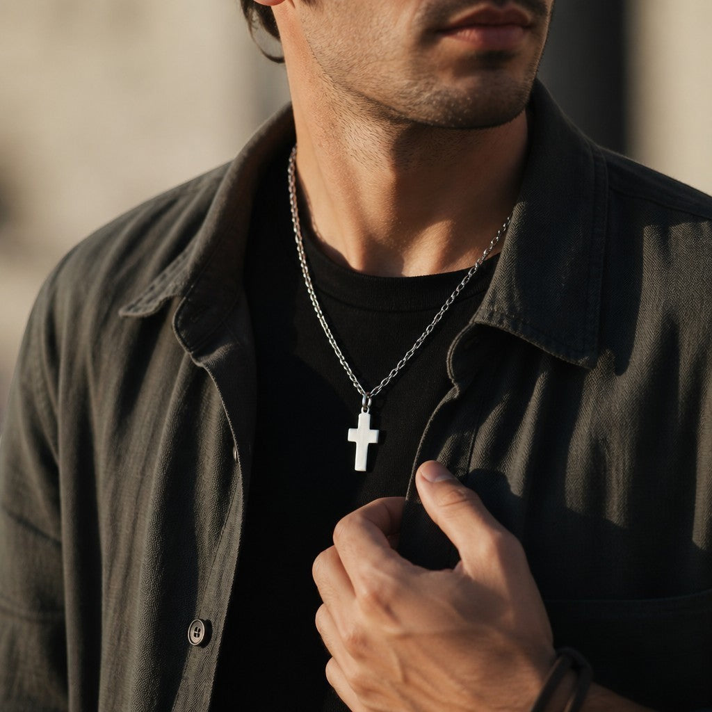 Hombre usando un dije de cruz de plata 925 de Sophia Schneider Joyas sobre una camiseta negra y camisa gris
