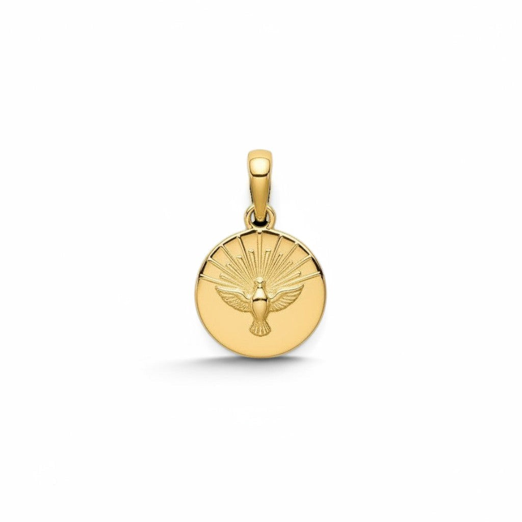 Medalla redonda Sophia Schneider Joyas de plata enchapada en oro con diseño de Espíritu Santo y rayos de sol, 12 mm. Primera comunión, confirmación, bautizo