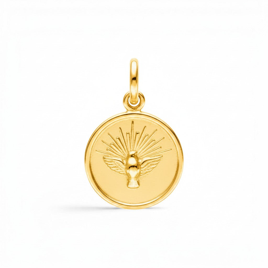 Medalla Espíritu Santo de plata enchapada en oro de 14 mm de Sophia Schneider Joyas. Diseño circular con paloma y rayos.