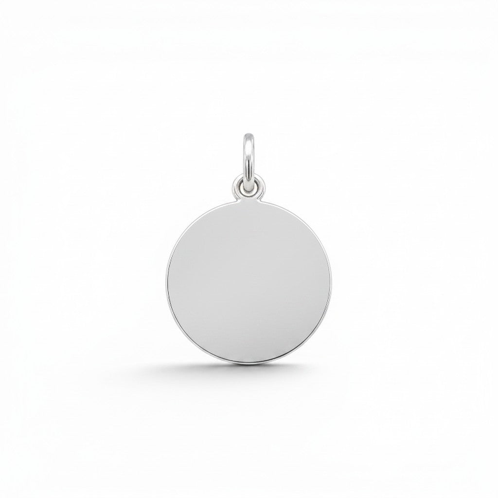 Medalla redonda de plata pulida de 14 mm de Sophia Schneider Joyas, ideal para grabado personalizado.