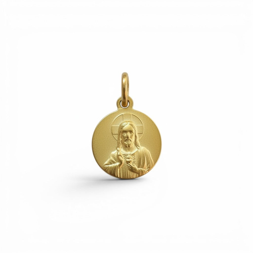 Medalla redonda de oro 18K de Sophia Schneider Joyas con la imagen del Sagrado Corazón de Jesús.