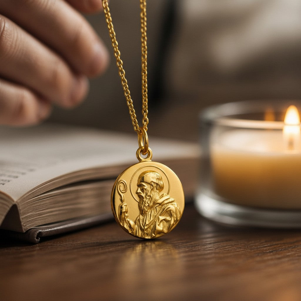 Medalla redonda de San Benito en plata 925 enchapada en oro de Sophia Schneider Joyas, detalle religioso en relieve.
