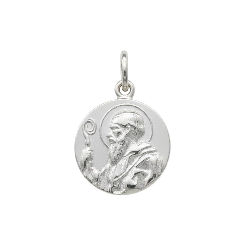 Medalla redonda San Benito de plata 925 pulida de 14 mm de Sophia Schneider Joyas.