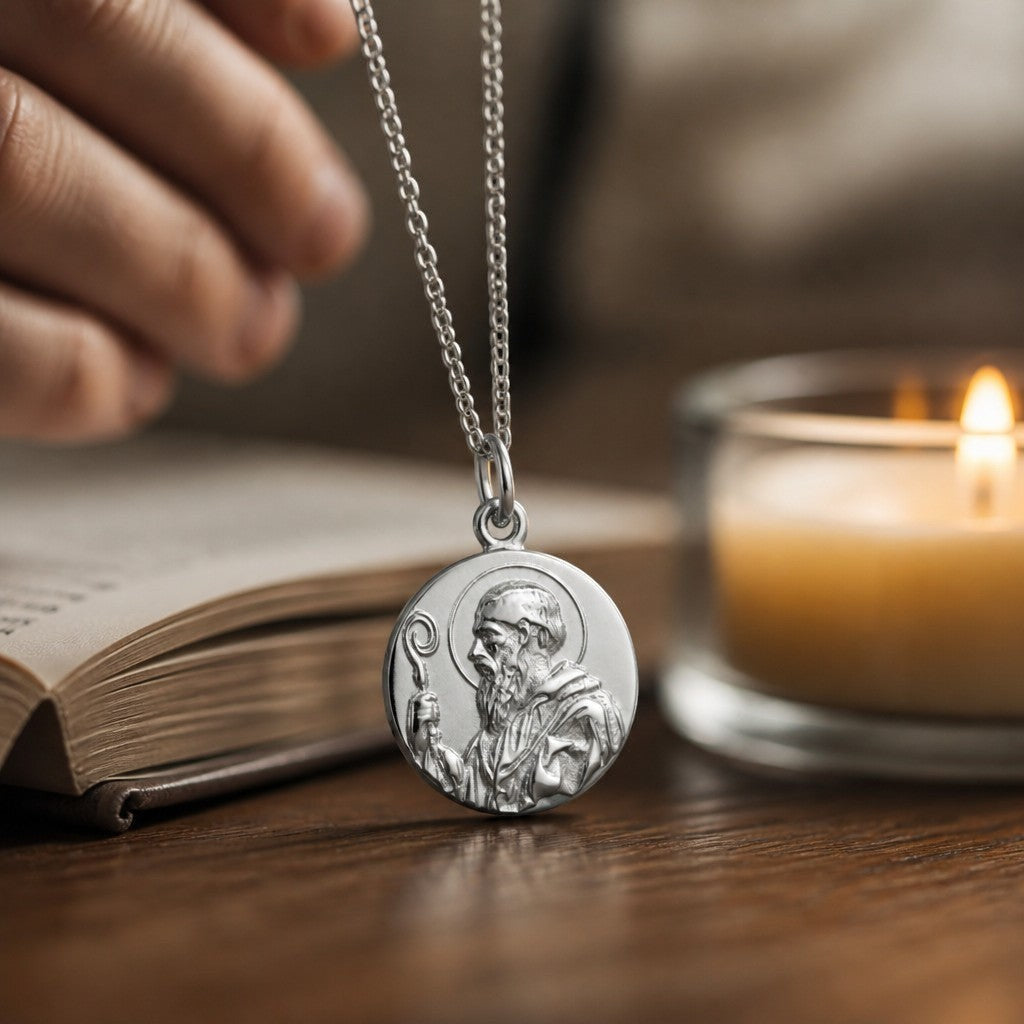 Medalla redonda de San Benito en plata 925 pulida de Sophia Schneider Joyas, detalle religioso en primer plano.