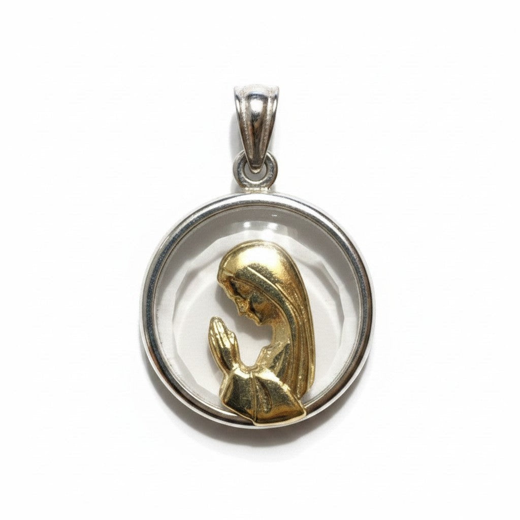 Medalla redonda Sophia Schneider Joyas con Virgen orando en oro laminado sobre cristal y marco de plata de 20 mm