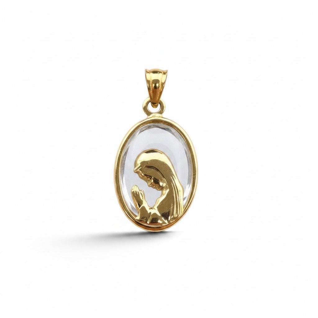 Medalla Sophia Schneider Joyas redonda de oro amarillo 18k con figura de virgen orando sobre cristal de 12mm