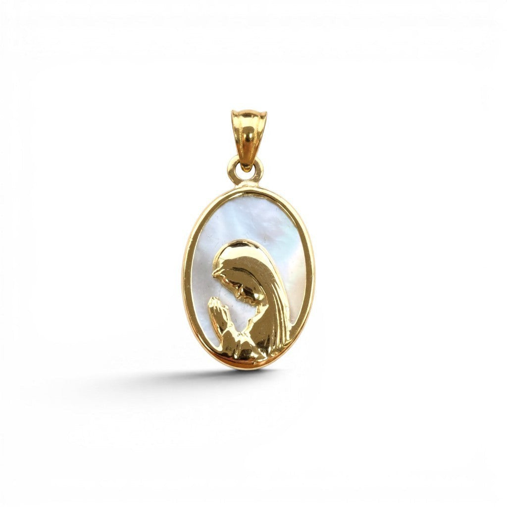Medalla redonda Sophia Schneider Joyas de la Virgen orando en oro amarillo de 18k con fondo de cristal de 12mm