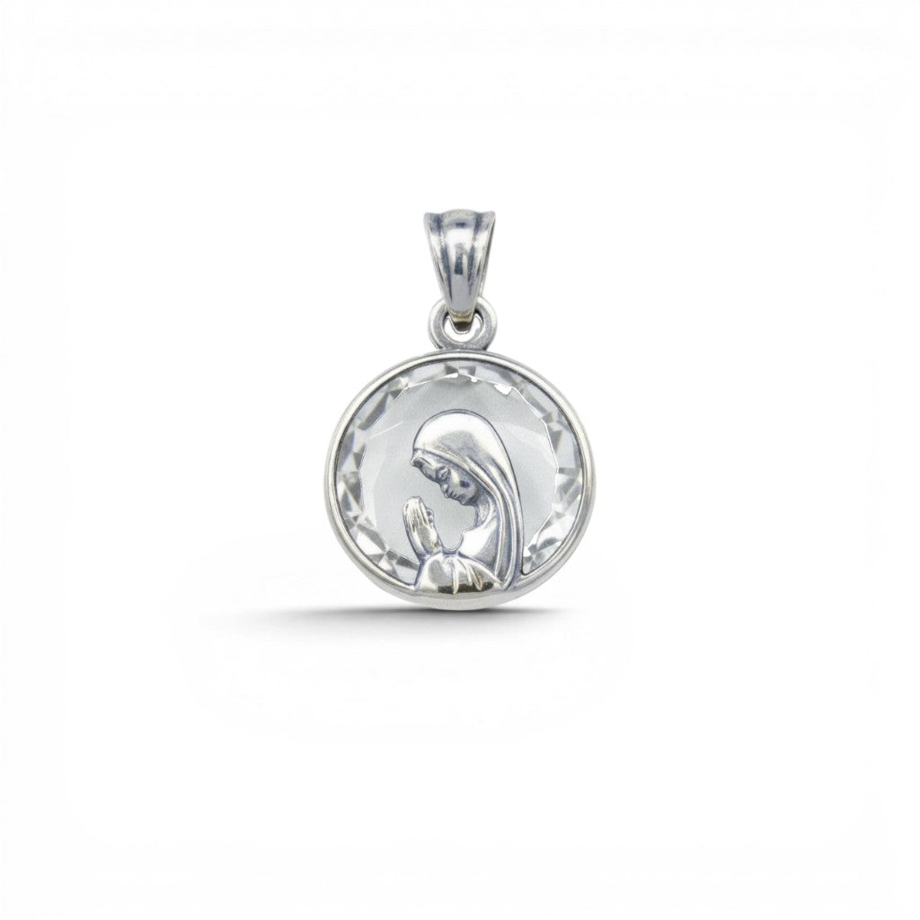 Medalla redonda Sophia Schneider Joyas de plata con Virgen orando y cristal tallado de 12 mm