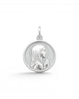 Medalla Virgen Orando de 14 mm en plata pulida de Sophia Schneider Joyas, diseño circular con relieve detallado.