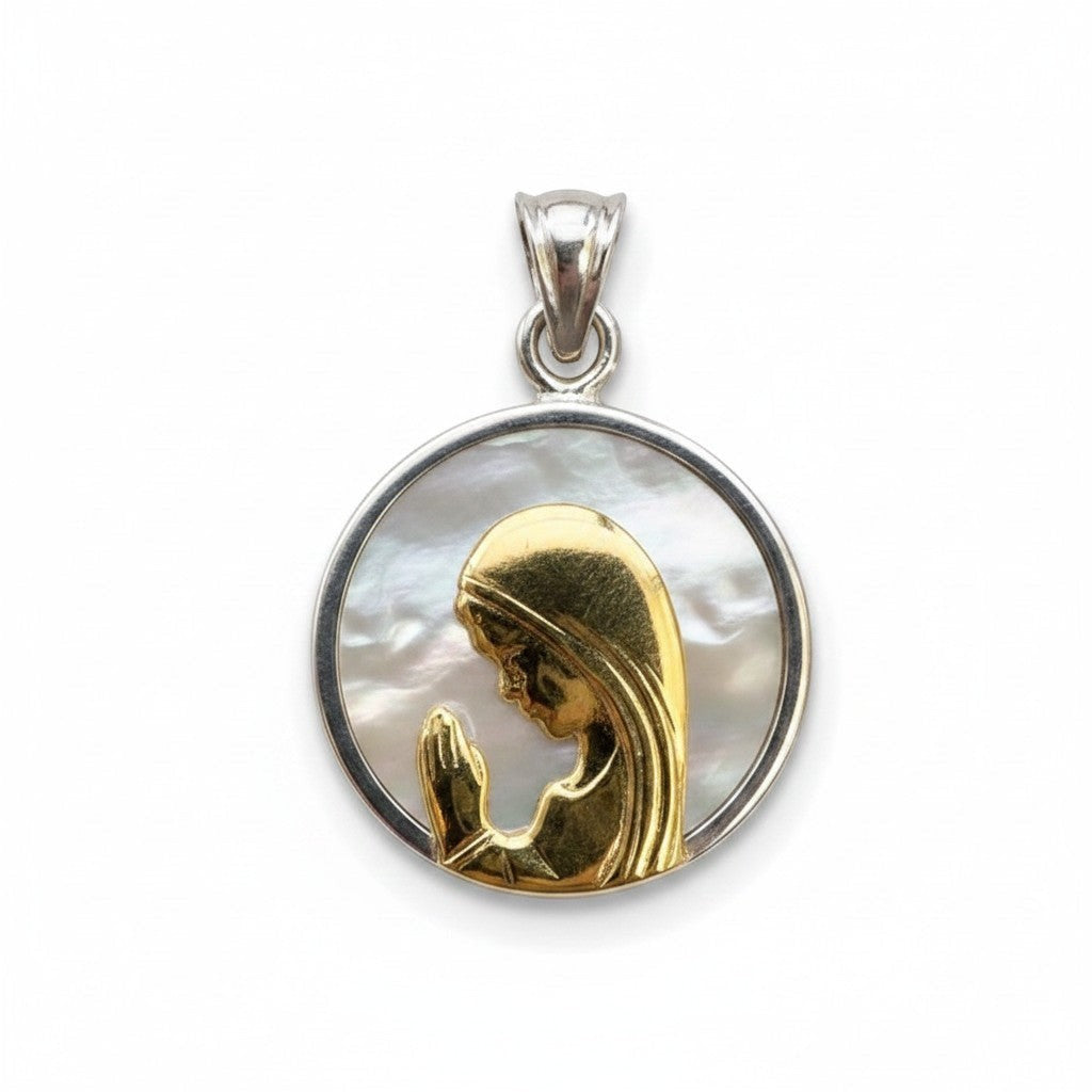 Sophia Schneider Joyas round mother-of-pearl and gold-plated silver pendant with praying Virgin Mary design, 12mm.