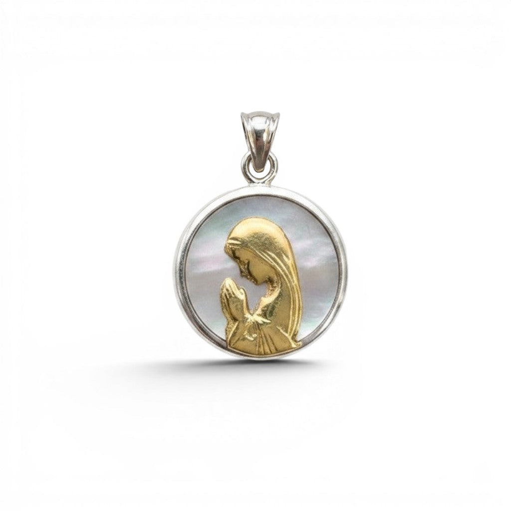 Sophia Schneider Joyas round mother-of-pearl and gold-plated silver pendant with praying Virgin Mary design, 12mm.